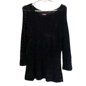Ann Taylor Sweater Black Open Knit Crochet Long Sleeve M Medium Tunic Fall Top
